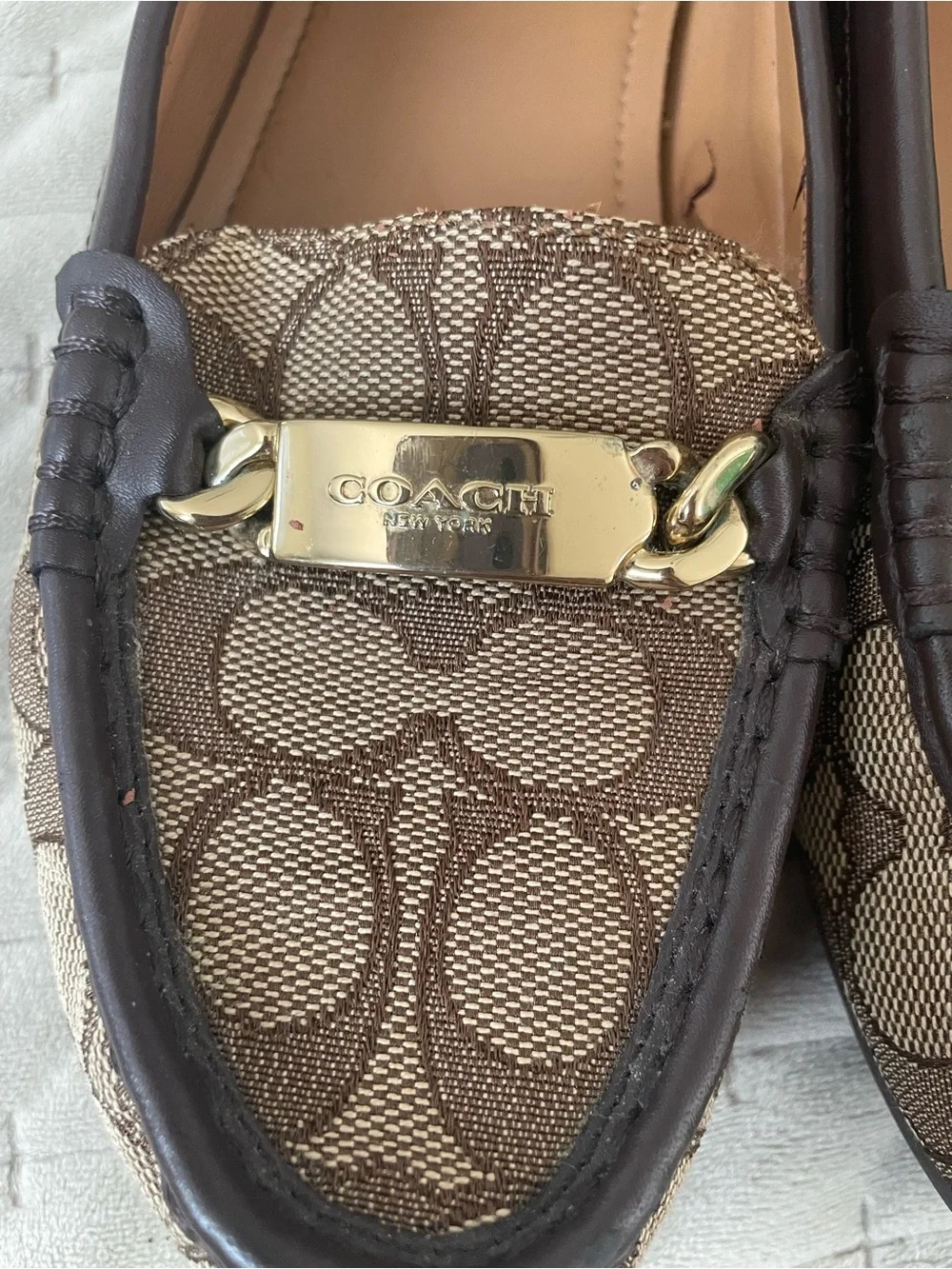Coach Brown Signature Canvas Moccasins with Gold Plaque